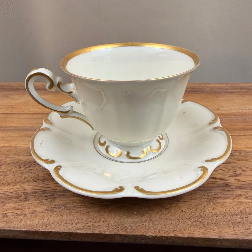 Johann Haviland Antoinette Teacup and Saucer Set Vintage Bavaria Gold Trim Cream